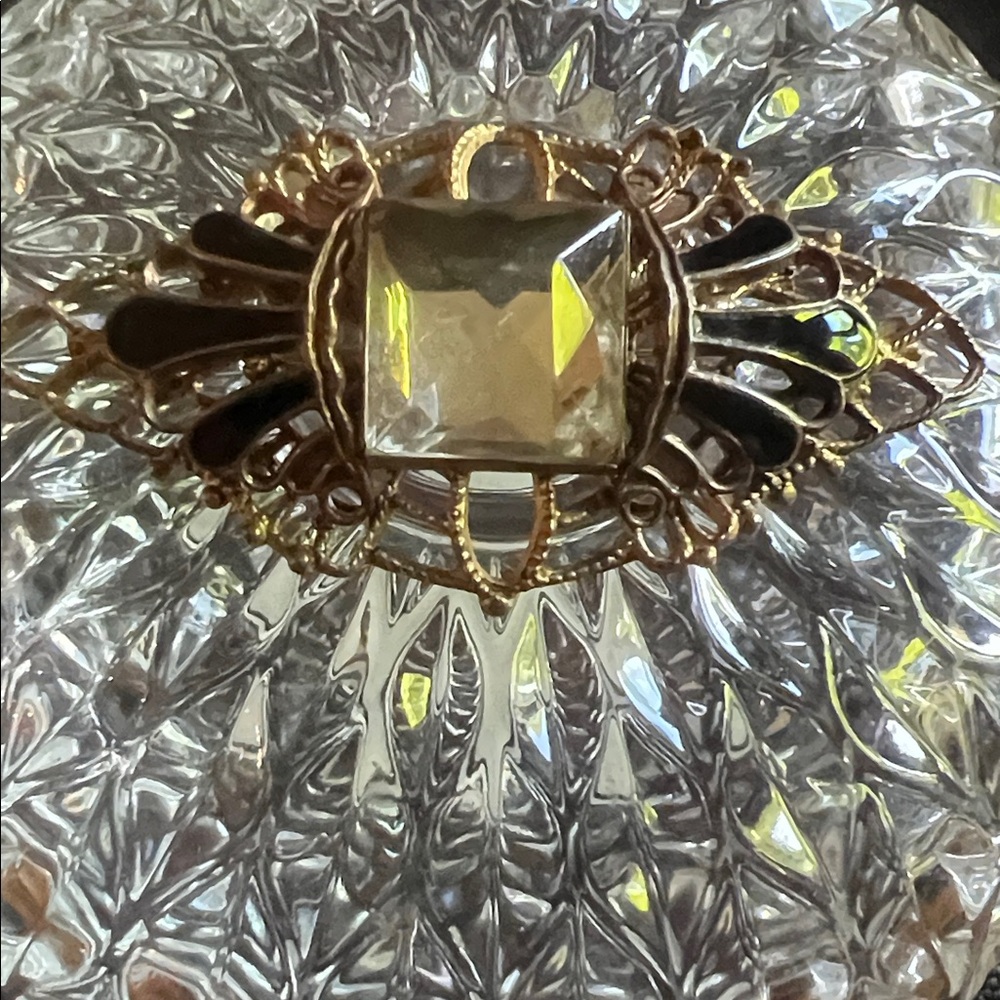 Art deco Gold and Black Brooch with Clear Gem